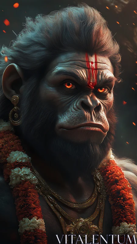 Divine simian warrior in garlands and glowing embers.