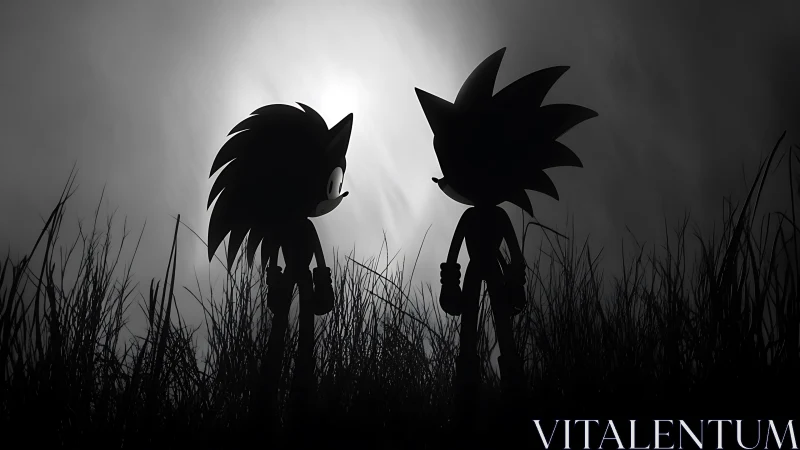 Backlit hedgehog silhouettes confront each other in misty field