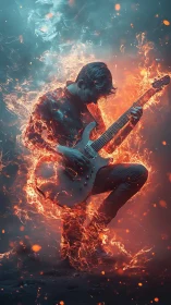 Guitarist silhouette rendered with dynamic fire effects