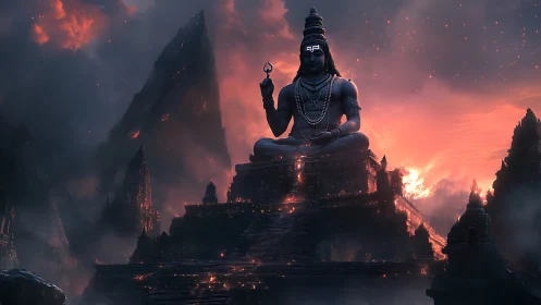 Colossal Shiva statue dominates flaming mountain temple at dusk