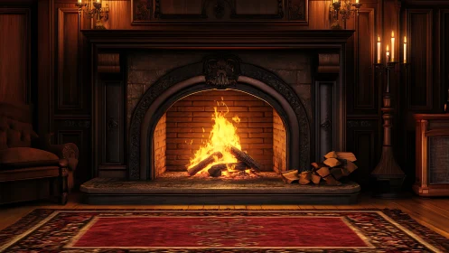 Grand neoclassical fireplace with roaring flames illuminates opulent interior space.