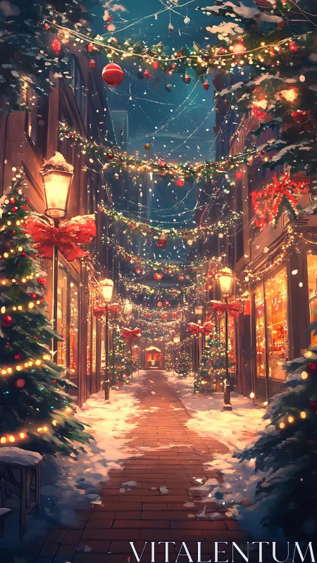 Snowy Christmas alley glows with festive market lights