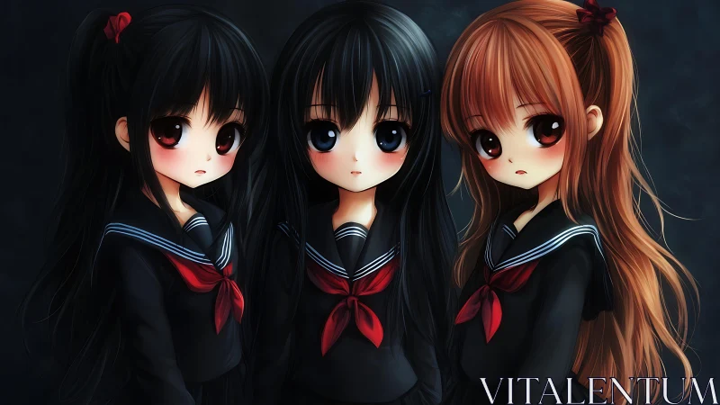 Trio of anime schoolgirls stand in matching dark uniforms.