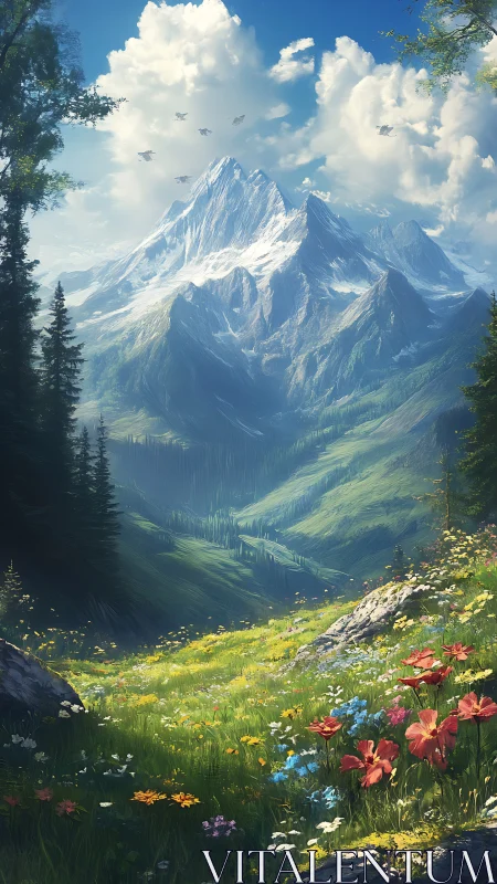 Mountain valley landscape with wildflowers and distant peaks.