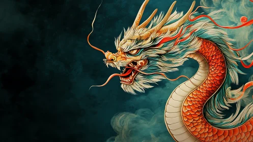 Storm-tongued celestial dragon coils through teal mist.