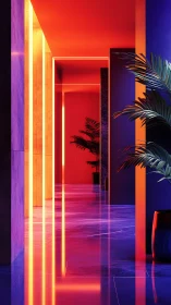 Neon-lit corridor with tropical foliage and bold color planes.