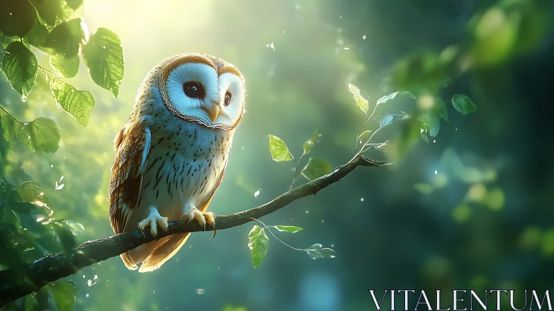 Whimsical Owl Perched on Forest Branch in Soft Morning Light.