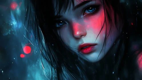 Moody cyberpunk girl gazes through neon drenched midnight rain