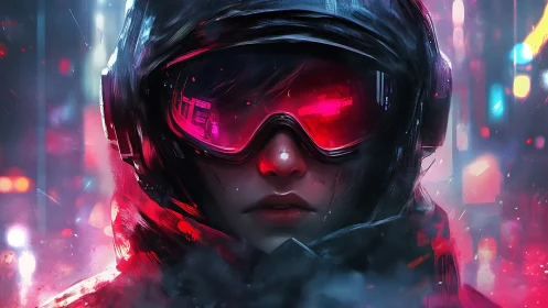 Person in reflective visor and hood stares forward in neon light