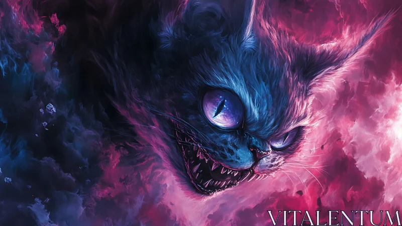 Hostile glowing cat head in swirling neon clouds.