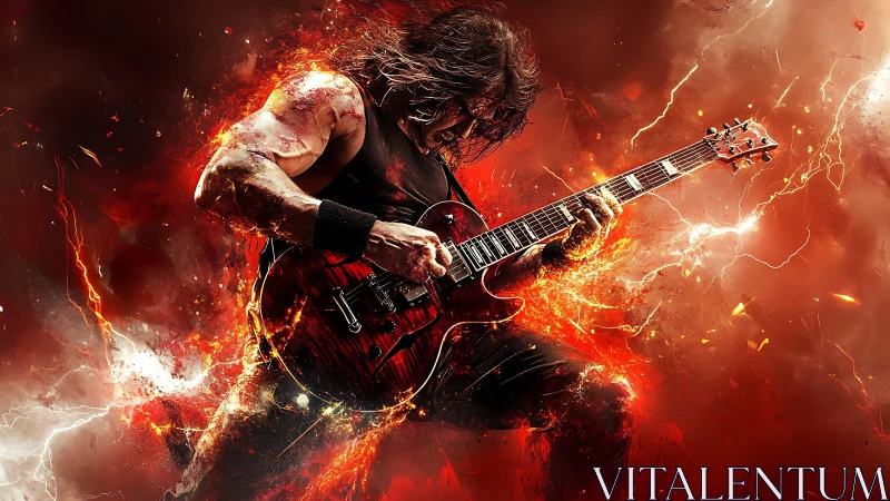 Explosive rock guitarist shredding in molten firestorm.