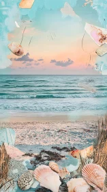 Mixed‑media coastal horizon with seashell collage and pastel surf.