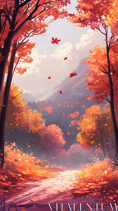 Autumn Valley: A Vibrant Fall Landscape with Falling Leaves.