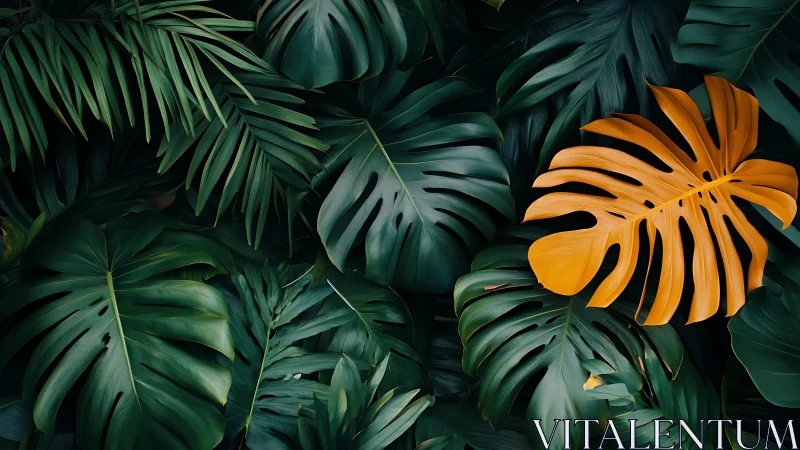 Golden monstera leaf contrasts with deep green jungle foliage