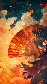 Celestial geisha with crimson fan amid swirling skies.