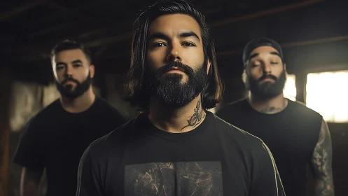 Brooding bearded trio in warehouse hush, lit by dusk glow.