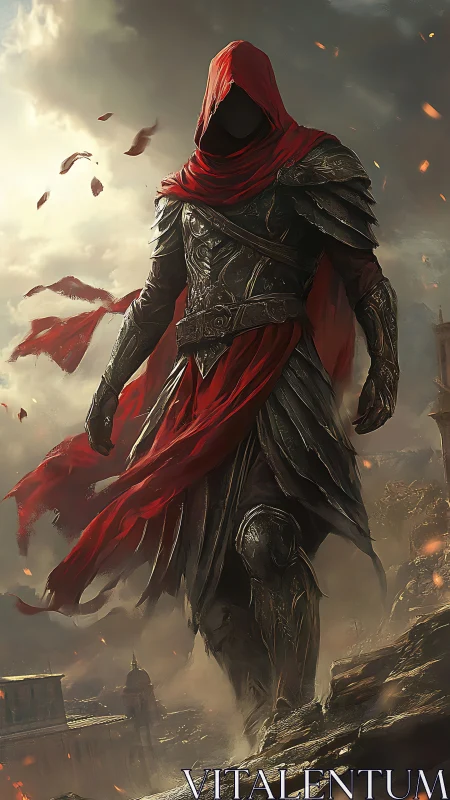 Hooded armored figure strides through burning ruined cityscape