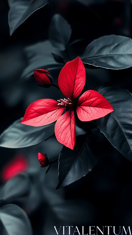 Vibrant Red Bloom Against Dark Foliage.