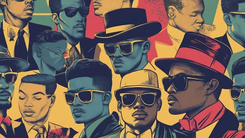 Pop art portraits of stylish men in sunglasses and hats.