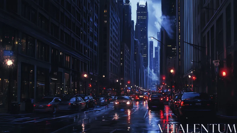 Moody rainy night traffic in dense downtown city street.