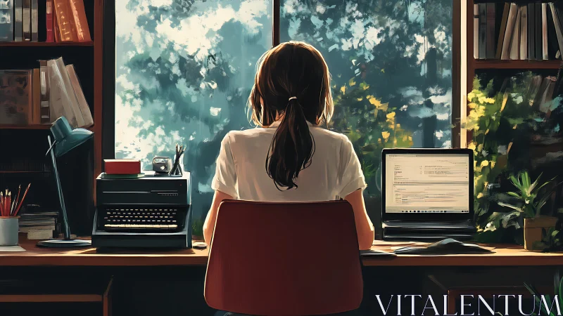 Digital painting study of writer at dual analog‑digital desk.