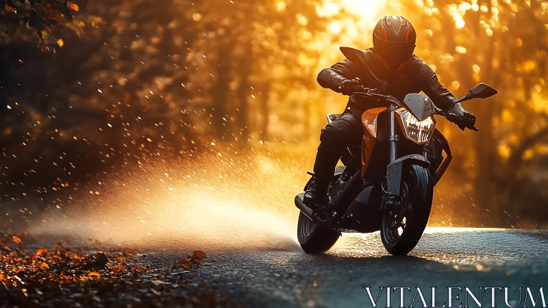 Motorcyclist carving wet autumn curve under backlit spray field.