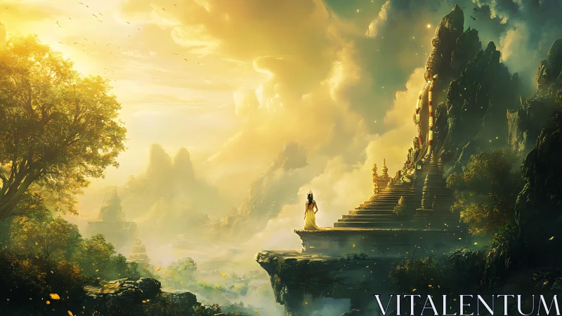 Woman stands before elevated temple in misty mountain valley