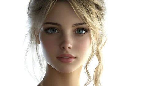 Digital closeup portrait of young blonde woman on white