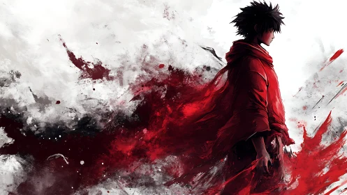 Side-profile anime warrior dissolves into red splatter field