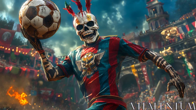 Skeleton soccer player in festive stadium with burning field