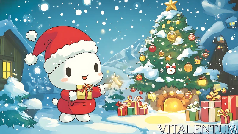 Snowy chibi mascot delivering gifts by luminous Christmas tree.