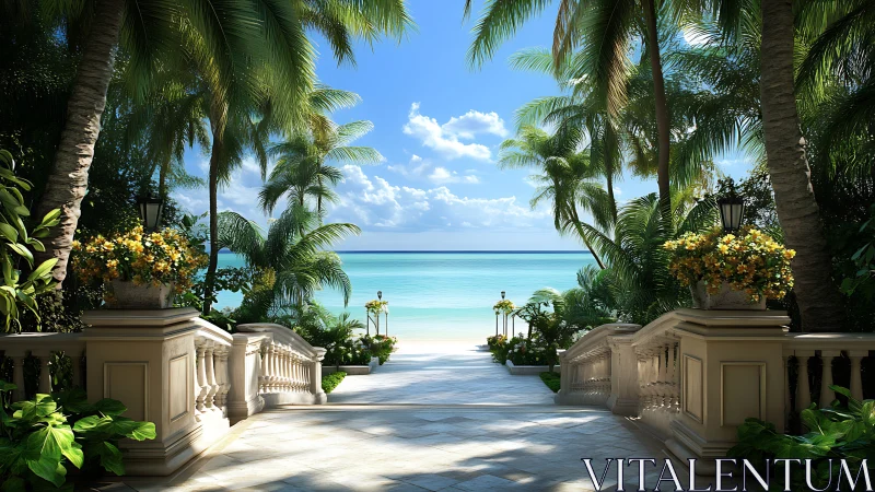 Tropical Beachfront Walkway with Palm Trees and Ocean View.