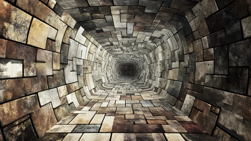 Surreal Brick Tunnel with Abstract Geometric Design and Depth.