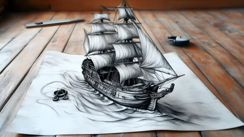 Realistic 3D Ship Drawing Emerging from Paper on Wooden Table.