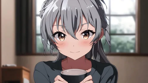 Cozy gray haired girl smiles softly while enjoying warm tea