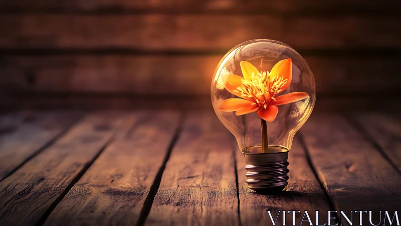 Incandescent glass bulb encasing orange blossom on wood surface.