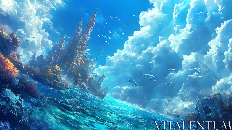 Oceanic sky kingdom with drifting whales and coral coasts.