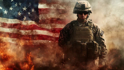 Soldier in combat gear before burning United States flag.