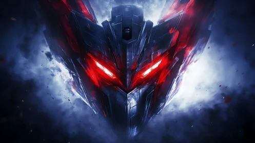 Angular robotic face with red highlights in dense mist.