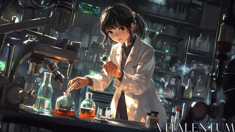 Midnight lab alchemist girl tuning glowing glass experiments.