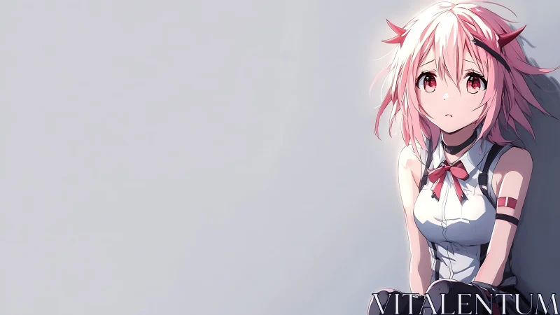 Anime portrait of pensive girl in minimalist side-wall composition.