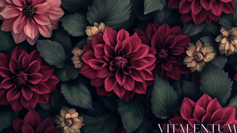 Dense dahlia arrangement displays rich crimson and coral tones with foliage.