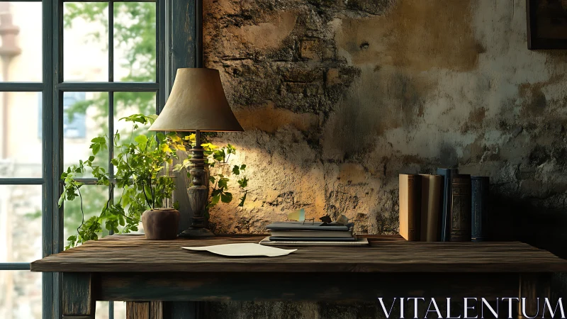 Rustic writing desk glows under warm lamplight by window.