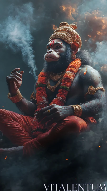 Divine simian deity meditates in swirling sacred smoke
