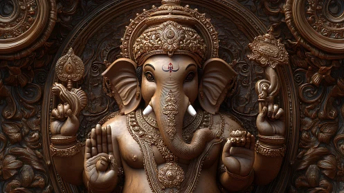 Intricate bronze Ganesh relief with ornate sacred details.