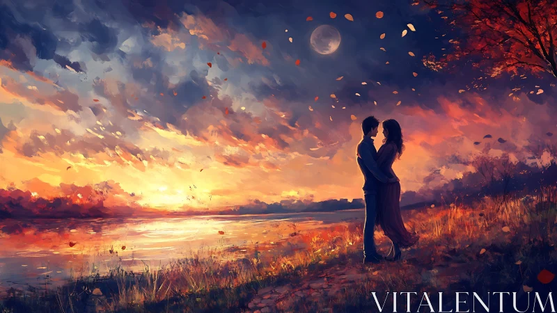 Twilight Embrace: Romantic Silhouettes Against Sunset Firestorm.