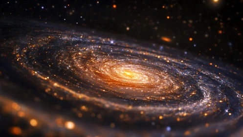 Spiral galaxy disk rendered with luminous core and dust lanes