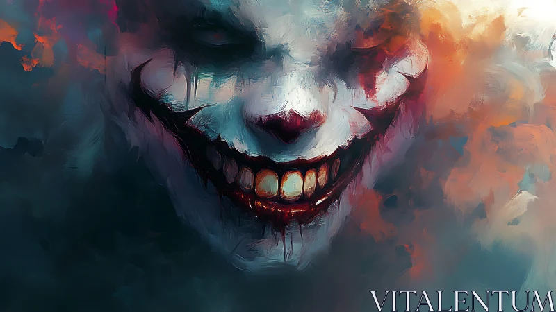 Storm-lit sinister clown smile in swirling painted mist.