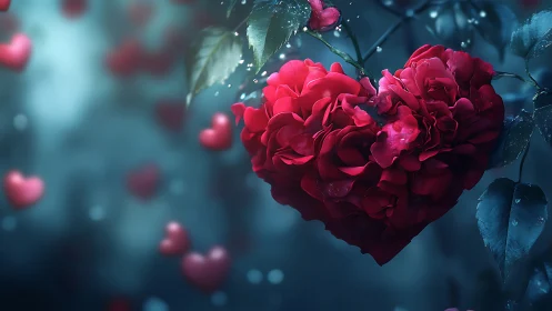 Jeweled Red Rose Heart Blooming Against Dreamy Blue Backdrop