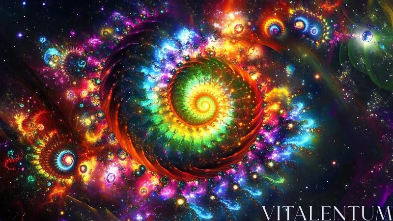 Radiant cosmic spirals swirling through a rainbow galaxy.